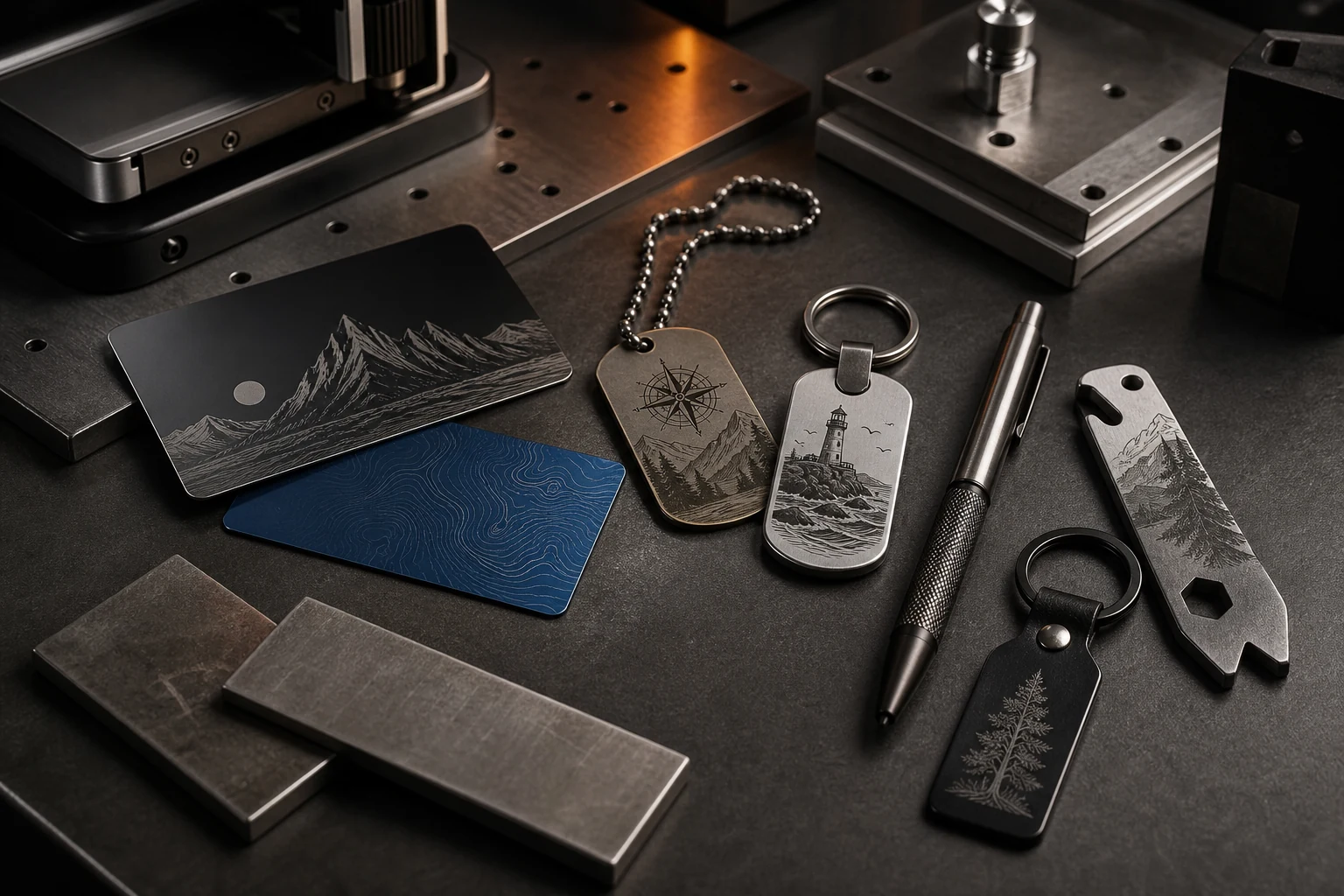 Personalized metal gifts, tags, cards and accessories on a small-batch workbench
