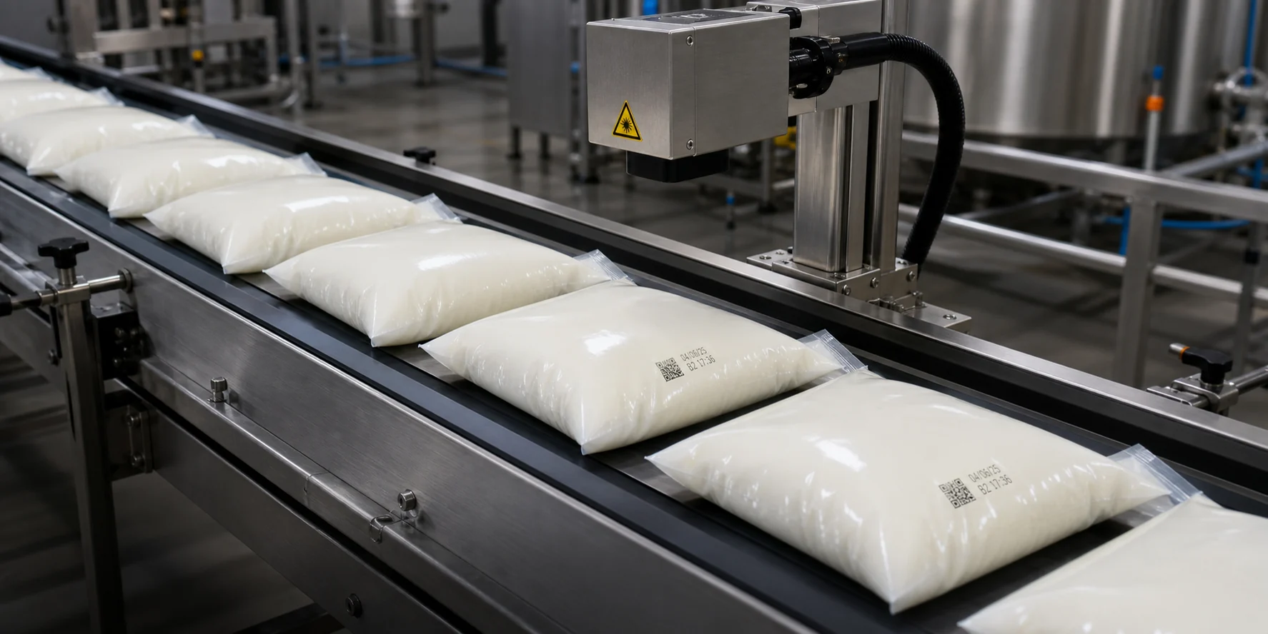 Generic milk pouches moving through an inline laser coding station on a production line