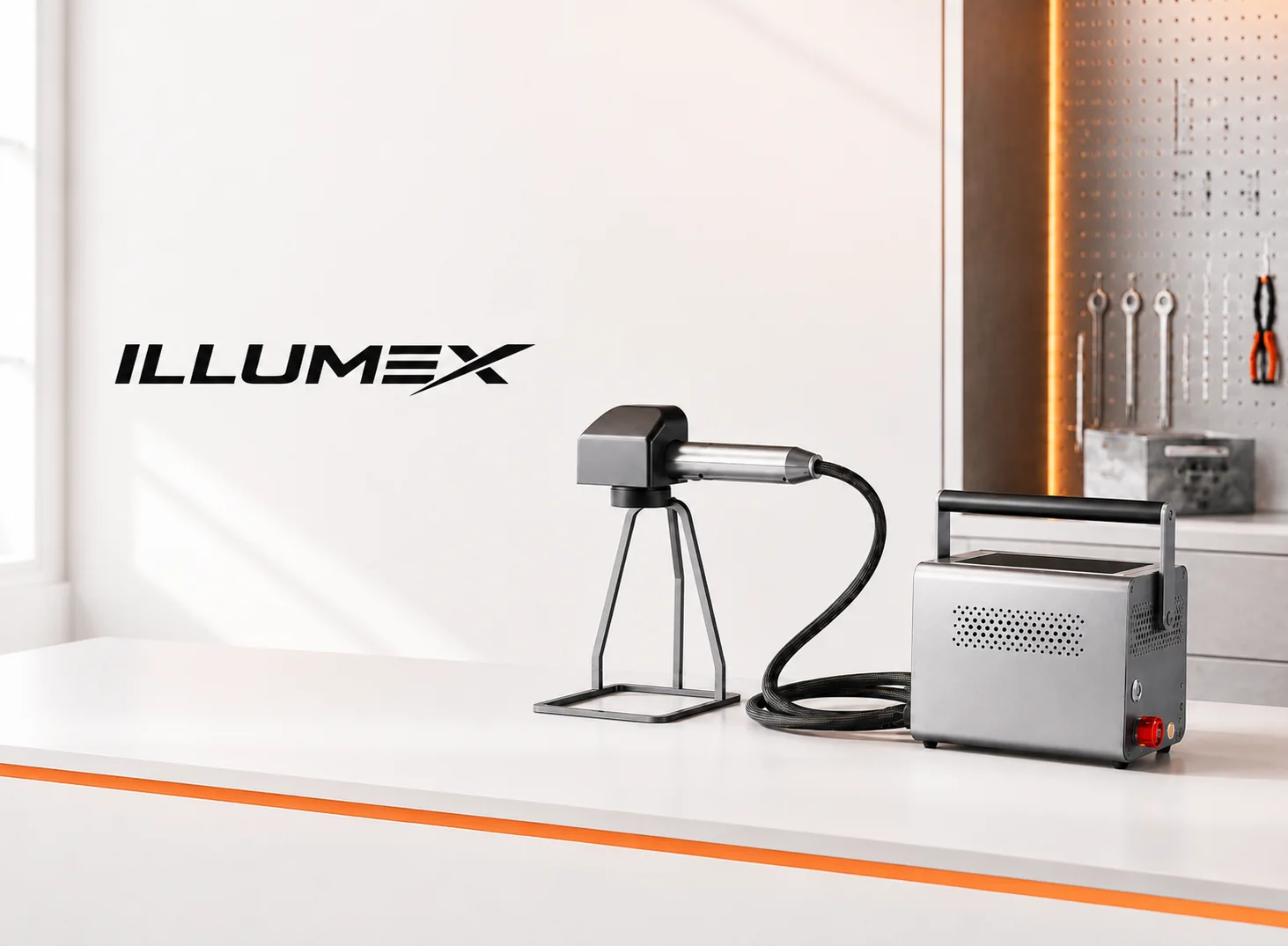ILLUMEX PM-F1 handheld and desktop fiber laser in a bright professional workshop