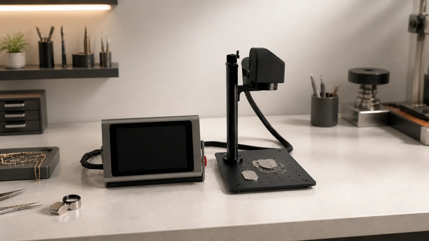 PM-F1 configured on its desktop stand for jewelry and small metal products