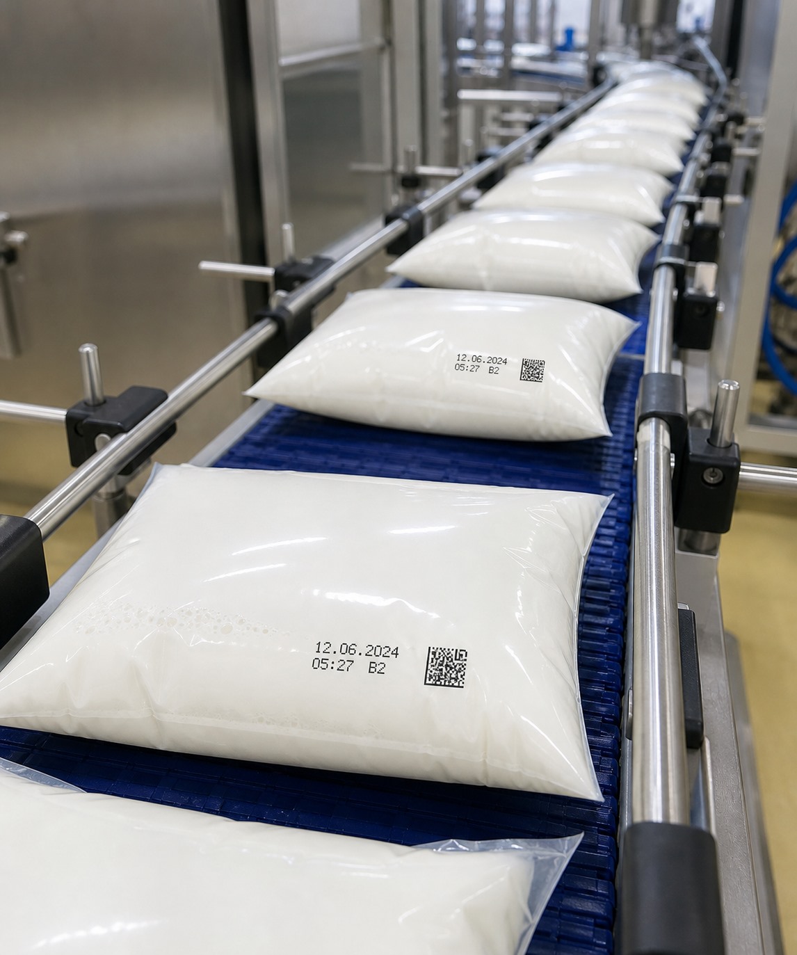 Generic milk pouches moving through an inline laser coding station on a production line